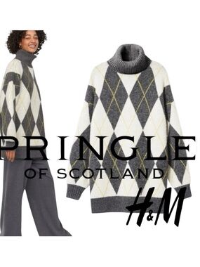 Pringle of Scotland x H&M Grey/White Argyle Oversized Turtleneck Sweater (S)